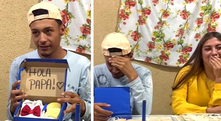 Young man opens his birthday present and finds out he's going to be a father: he is visibly shocked