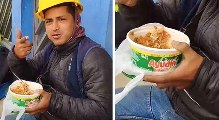 Worker eats his lunch from a recycled dishwasher soap container: he's teased by his colleagues