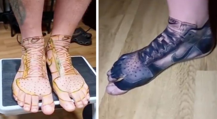"Jag tröttnade på att ständigt köpa nya skor, så jag tatuerade mina favorit Nike på mina fötter"
