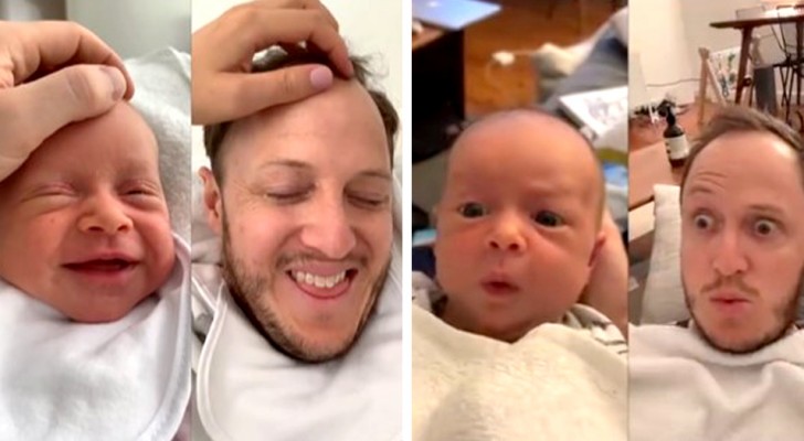 This dad copies his daughter's facial expressions after she finishes drinking her milk