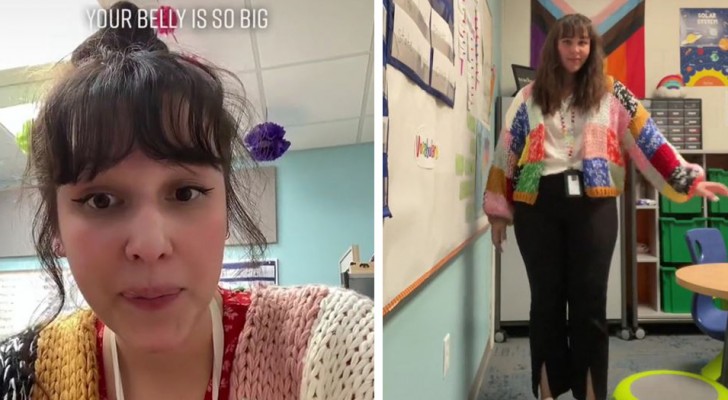 A pupil points out her teacher's big belly: 