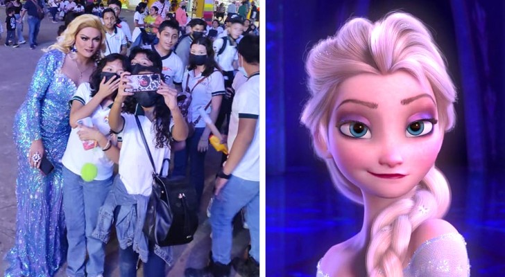 Några barn tror att en drag queen är Elsa från Frost och ber om ett foto: 