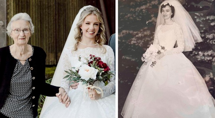 After 60 years, she wears her grandmother's wedding dress: it had been in a cellar since 1961