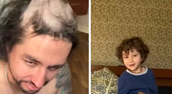 Two little kids cut their father's hair while he's taking a nap: 