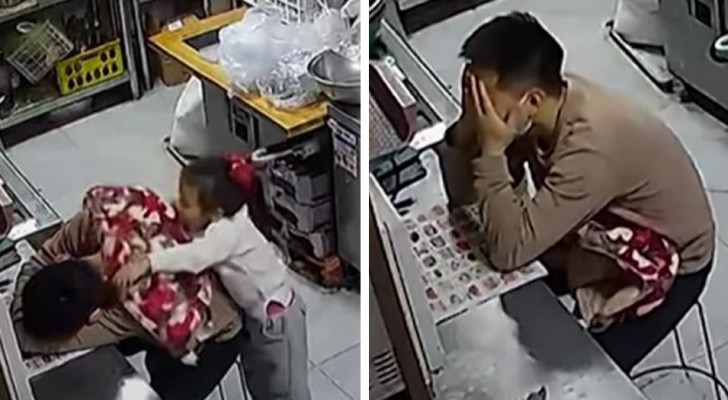 Exhausted father falls asleep at work: his daughter covers his shoulders with her jacket