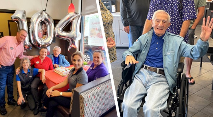 Elderly man frequents the same diner for many years: employees organize a party for his 104th birthday