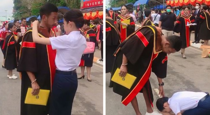 Young woman graduates and kneels at her brother's feet: her way of thanking him for giving up his studies for her