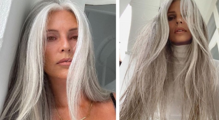 Elle renonce à la coloration et arbore de longs cheveux gris : 