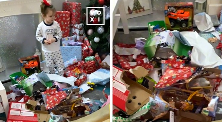 Hon vaknar och upptäcker att hennes barn redan har öppnat alla presenter under granen: "Jultomten har redan varit här"