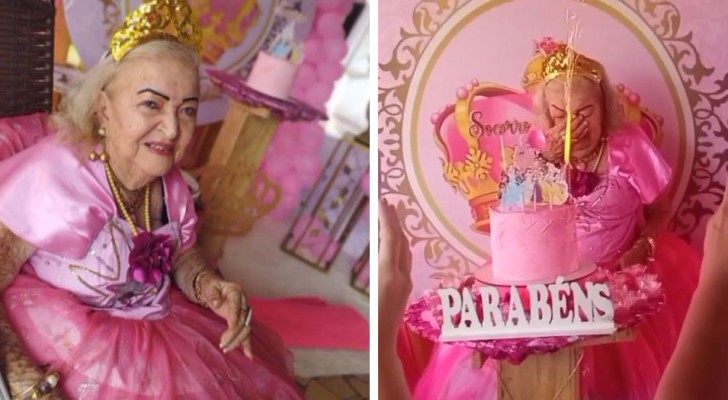 87enne festeggia per la prima volta il suo compleanno vestendosi da principessa: 