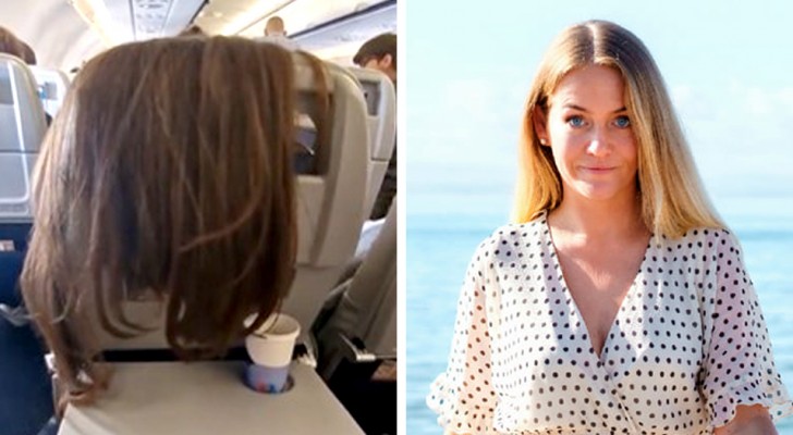 Die Passagierin, die vor ihr sitzt, besetzt ihren Tisch mit ihren langen Haaren: 