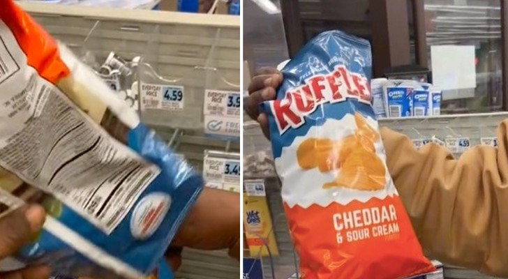 Er schüttet zwei halbe Packungen Chips in eine Tüte: 