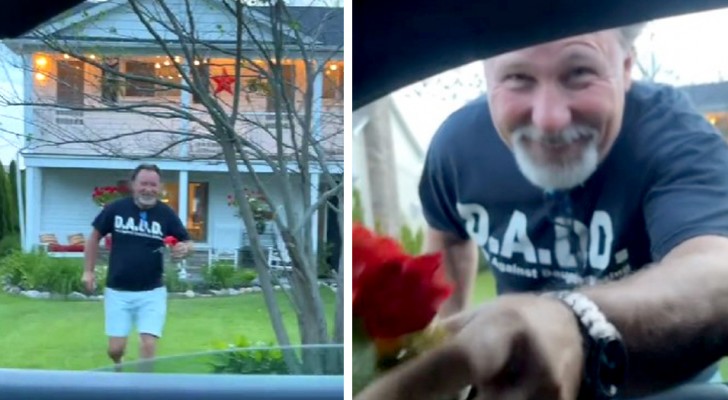 Vader laat zijn dochter niet het huis verlaten zonder een geschenk: hij rent naar haar toe om haar een roos te geven