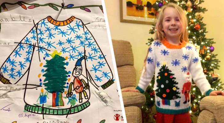 En liten flicka får i läxa att designa en jultröja och hennes mormor stickar den åt henne