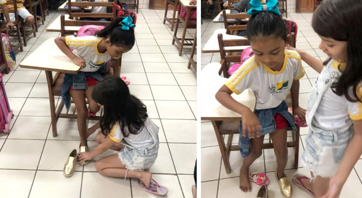 Une petite fille apporte en classe des chaussures qui ne lui vont plus : 