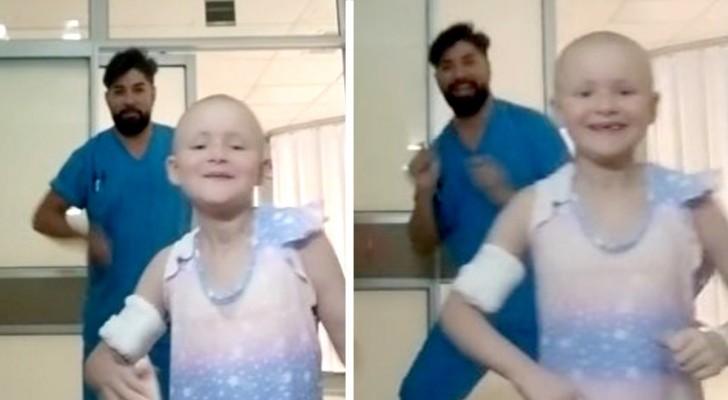 Young girl has her last chemo session: her nurse does a "victory dance" with her
