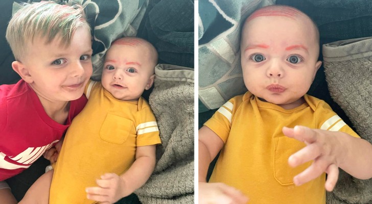 Young boy cannot accept that his little brother doesn't have hair and eyebrows: he draws them on with an orange marker