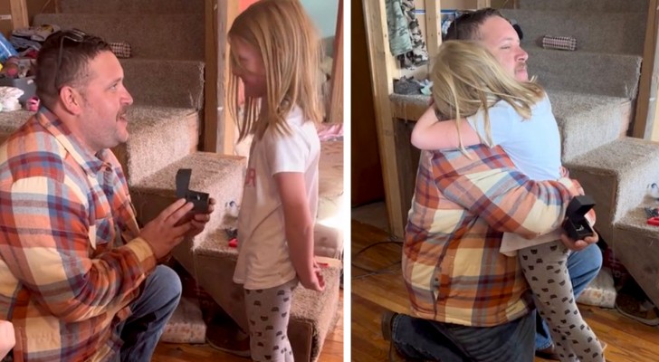 Man kneels in front of his partner's daughter: 