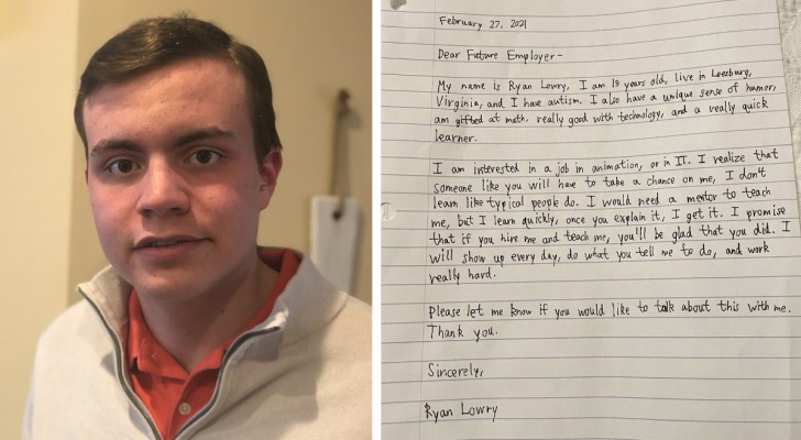 Joven autista escribe a mano una carta de presentación para un trabajo: 