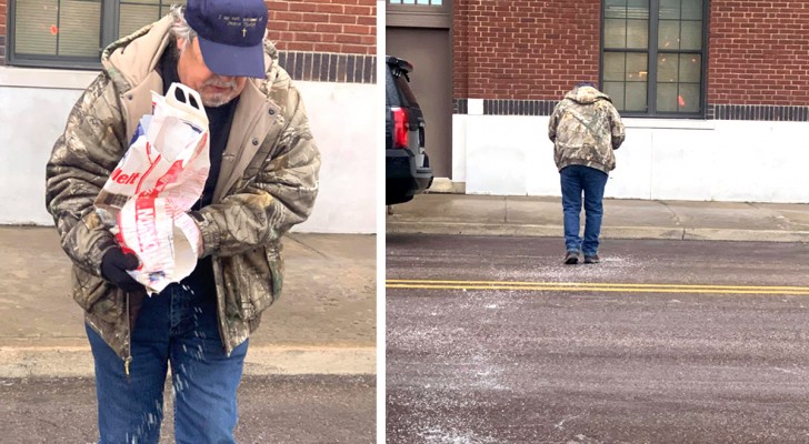 Han åker till sin 38-åriga dotters kontor för att strö ut salt på gatan för att undvika att det sker en olycka