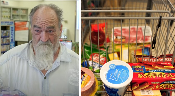 Bejaarde man staat in de rij bij de kassa met slechts twee producten: onbekende mensen vertellen hem dat ze de boodschappen voor hem zullen betalen