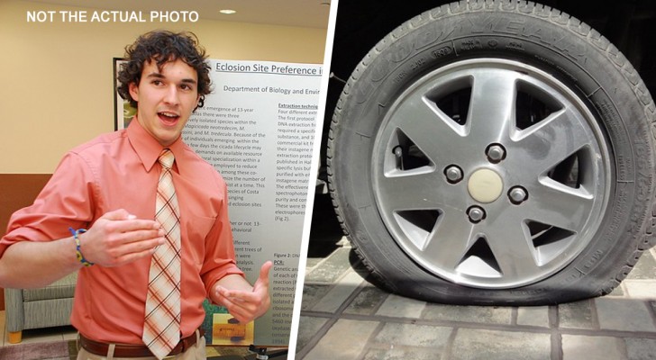 Classmates make one student do all the group work by himself and he gets his revenge by not showing up on the day of the test: "Oops, I've got a flat tire"