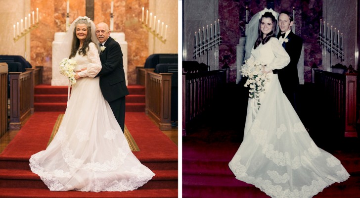 Coppia festeggia 50 anni di matrimonio ricreando le stesse foto scattate quel giorno