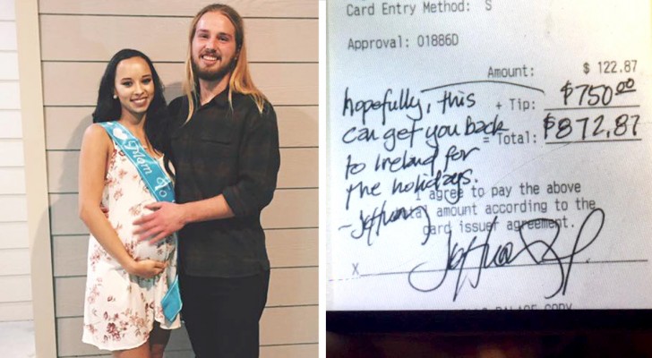 Waiter tells a customer that he lives very far away from his family and his wife is expecting a baby: he gets a $750 tip