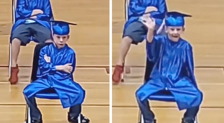 Young boy looks around and is sad because he cannot see his parents: he changes his expression dramatically as soon as he spots them