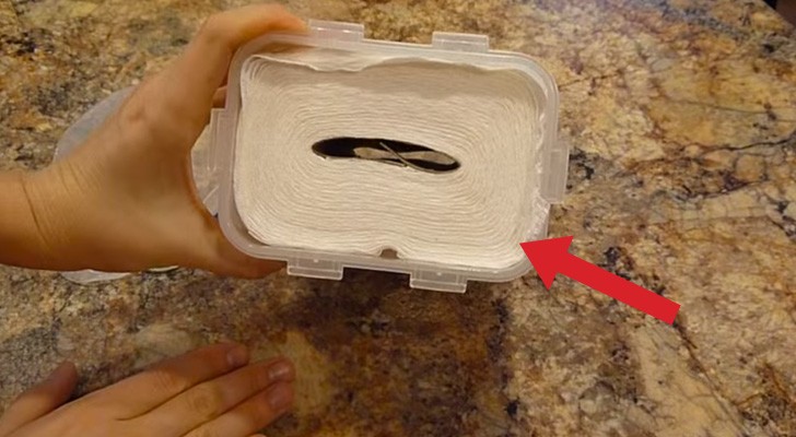 Sie gibt eine Papierrolle in einen Plastikbehälter: Hier ein günstiger Tipp!