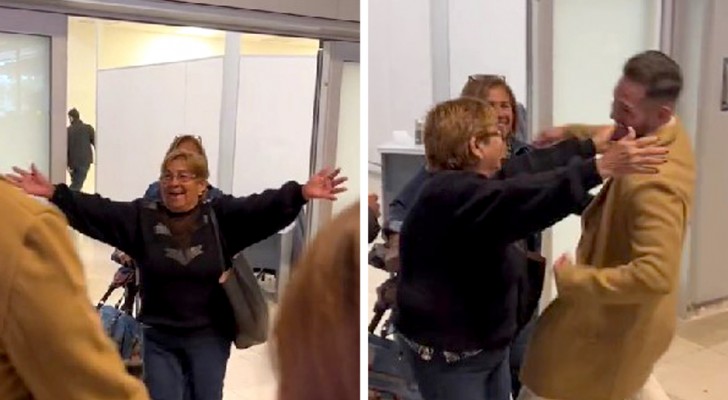 Woman returns from a trip and rushes over to hug her son: she hugs a complete stranger