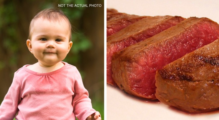 Madre le da de comer un bistec medio crudo a la hija de 6 meses