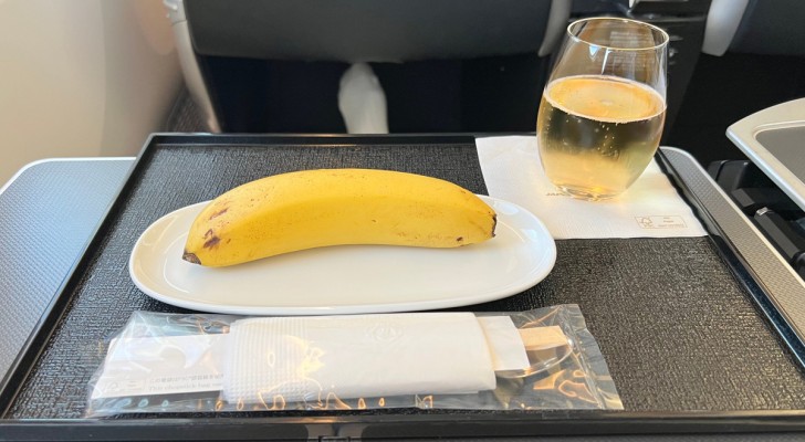 Un uomo chiede su aereo un pasto vegano e gli viene servita una banana