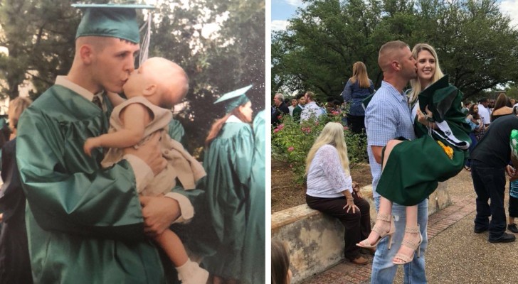 Far och dotter återskapar examensfotot "18 år senare" och resultatet är otroligt