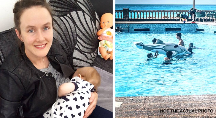 Moeder geeft baby borstvoeding in het zwembad: ze wordt uitgenodigd om naar een meer afgelegen plek te gaan
