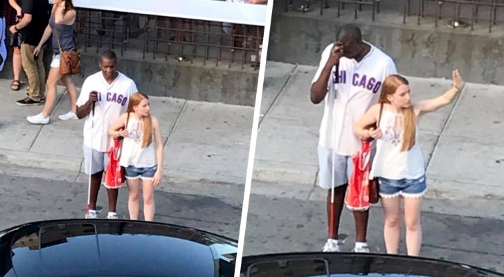 Junge Frau hilft einem blinden Fremden, im Trubel ein Taxi zu rufen