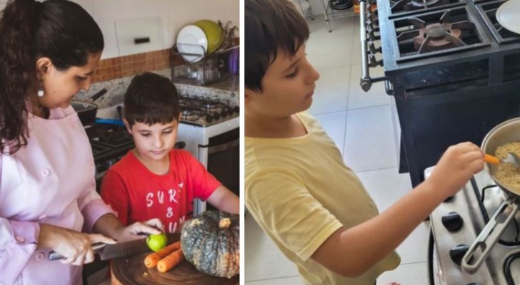 Moeder leert haar 10-jarige zoon koken om hem onafhankelijk te maken