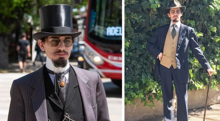 Aos 26 anos, ele se veste no estilo de 1900, completo com um relógio de bolso e cartola