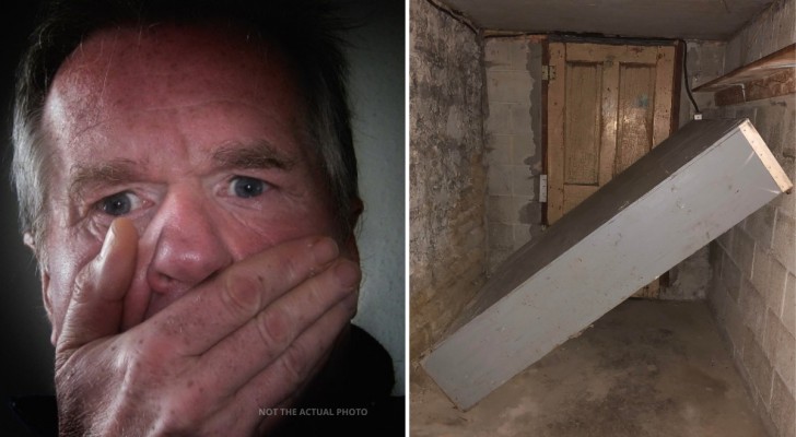 Mannen upptäcker en dold dörr i källaren som leder till ett mystiskt rum