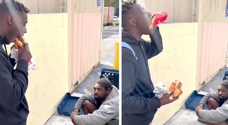 Finge di comprare cibo per un senzatetto: lo raggiunge e gusta il pasto davanti a lui per dispetto (+ VIDEO)