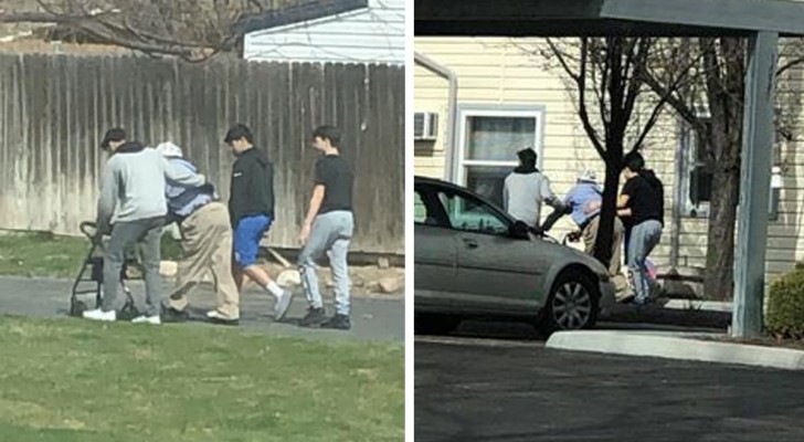 Accidental heroes: A group of boys help an elderly man to his feet after he falls and then escort him home