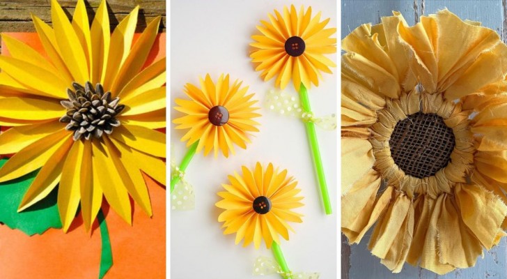 12 fröhliche Basteleien in Form einer Sonnenblume aus vielen verschiedenen Materialien