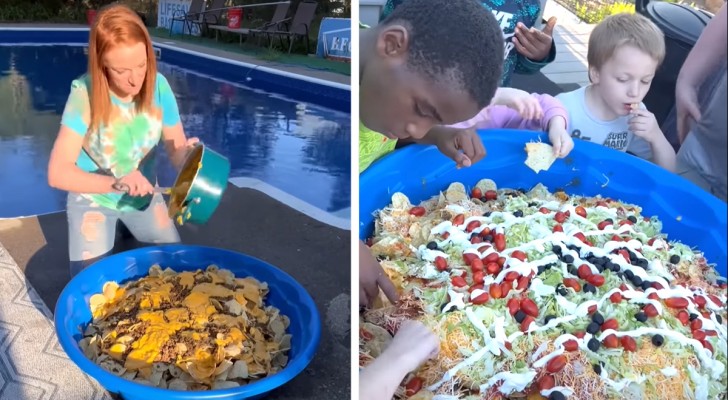 Moeder serveert eten aan haar 12 kinderen in een kinderzwembad (+ VIDEO)