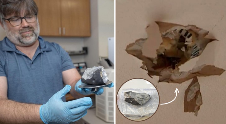 En meteorit kraschar genom taket på ett hus
