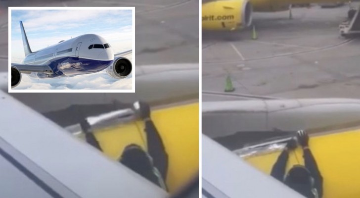 Een passagier filmt een man die de vleugel van het vliegtuig repareert met ducttape (+VIDEO)