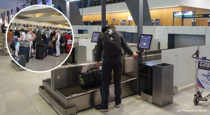 Passagiers zijn geschokt als ze zien dat een vrouw voor de vlucht op de bagageweegschaal wordt gewogen