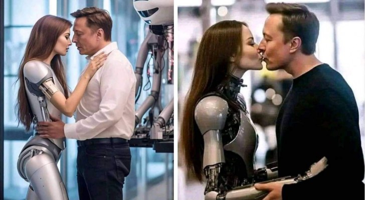 Det bisarra fotot av Elon Musk där han pussar en robot, vilket har gjort webbanvändarna förstummade