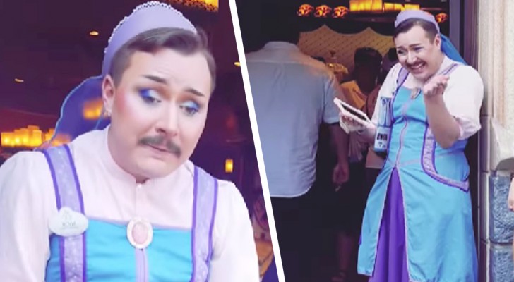 Na Disneylândia, um funcionário de bigode recebia os visitantes vestido de fada. Veja a reação dos pais