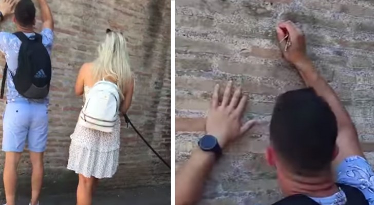 Das Video des Touristen in Rom, der den Namen seiner Freundin in die Wand des Kolosseums ritzt