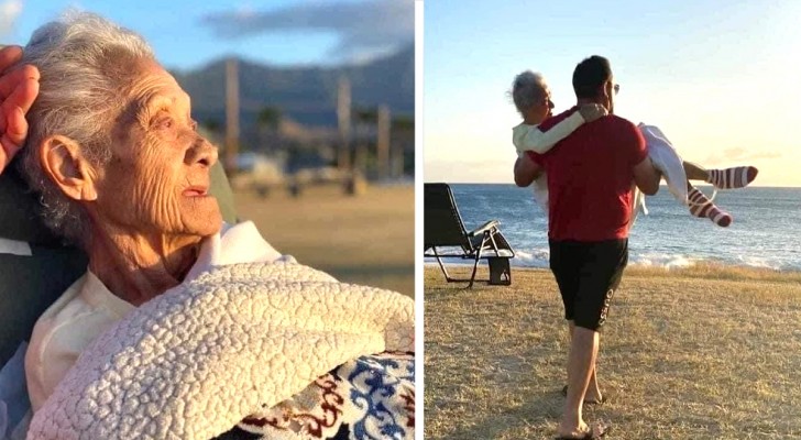Nipote porta nonna 96enne a vedere il tramonto in spiaggia per la prima volta